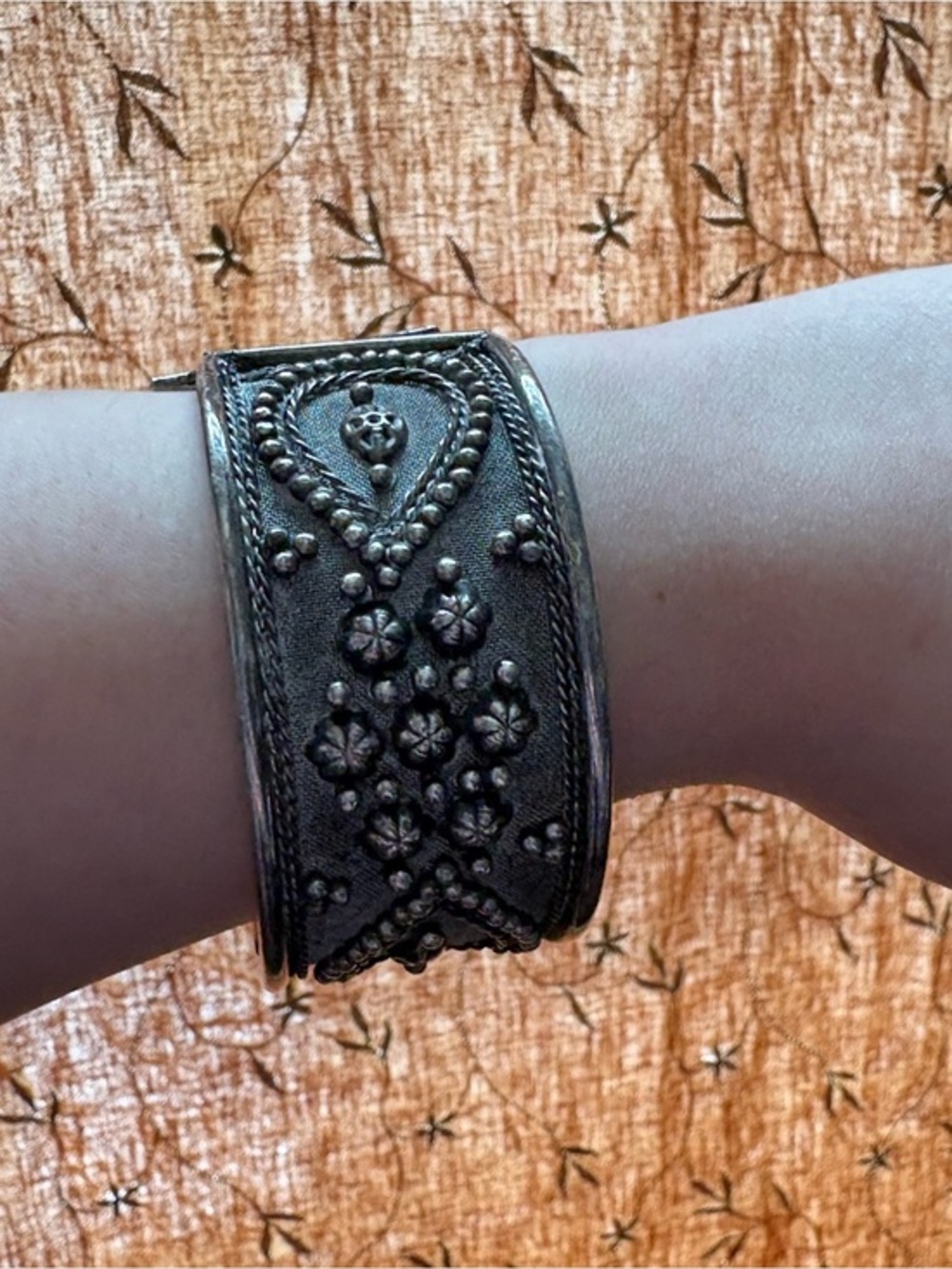 Large Antique Floral Etched Cuff Bracelet